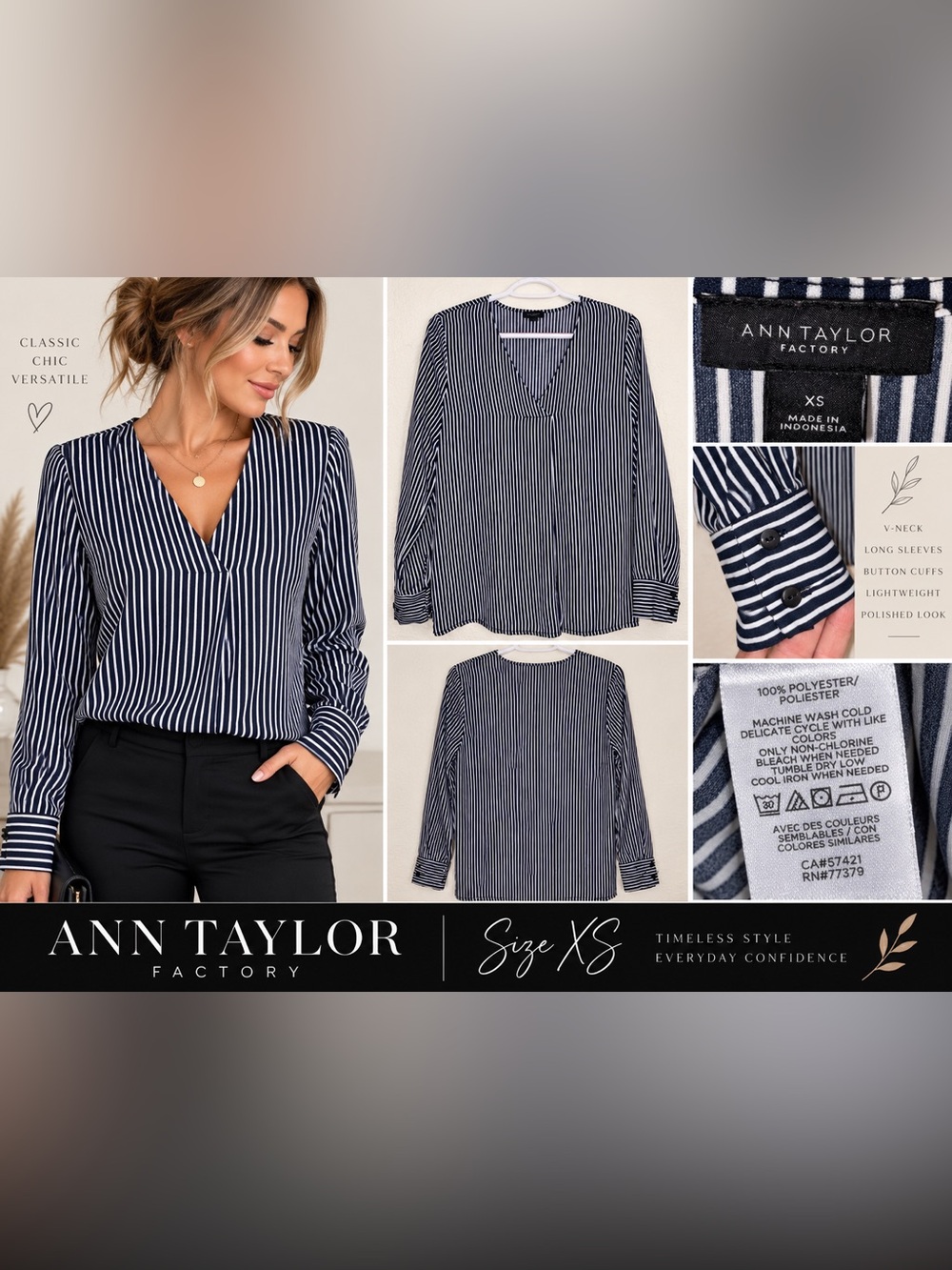Ann Taylor Factory Navy and White Vertical Stripe V-Neck Blouse